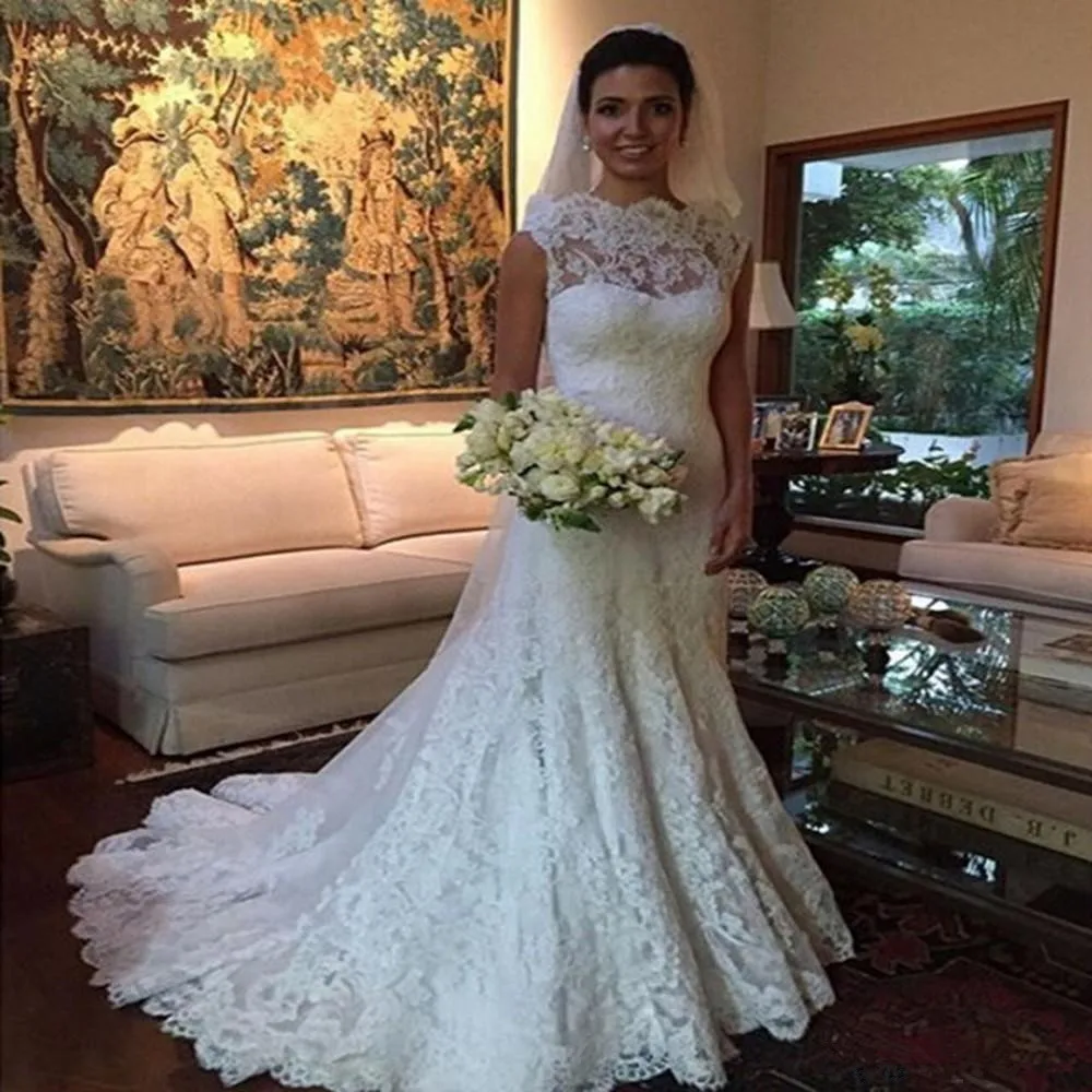 

Sexy lace Wedding Dress Mermaid high neck Vestidos De Noiva Bridal Gowns weddings gown sweep train