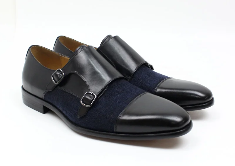 DANIEL WAFER Brand Designer Monk Strap Mens Dress Shoes Genuine Leather With Denim Black Brown Wedding Party Dress Shoes Men
