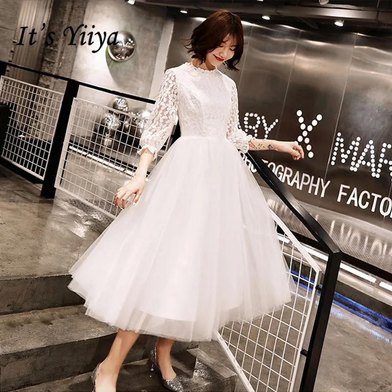 

White Prom Dresses for Girls It's Yiiya AR306 High Collar Lace Elegant Formal Gowns A-Line Tea-Length Vestidos De Fiesta