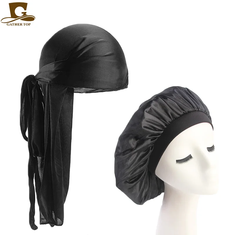 Unisex Silky Durag Long Tail And Wide Straps Waves For men Solid Wide Doo Rag Bonnet Cap Comfortable Sleeping Hat images - 6