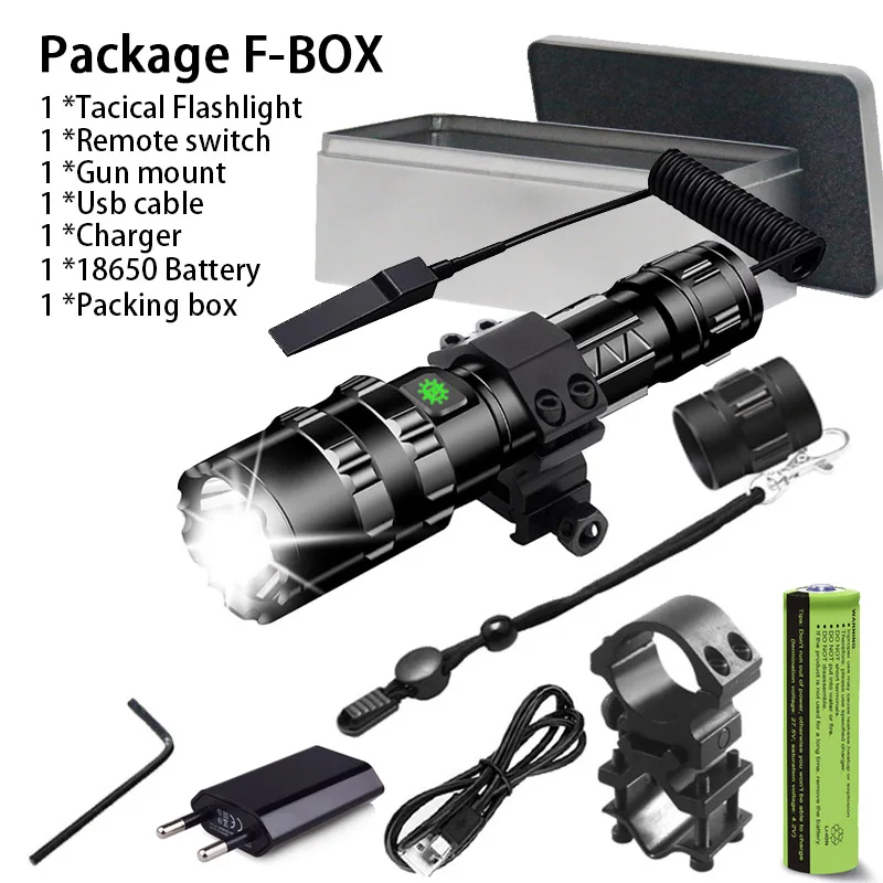 Package F-BOX Тактический светодиодный фонарь высокой мощности охотничий фонарь Скаут Свет USB на 18650 перезаряжаемый аккумулятор 2 м водонепроницаемый Реальные люмены 1200 FLASHLIGHT TORCH 2 года гарантии - Emitting Color: Package F-BOX