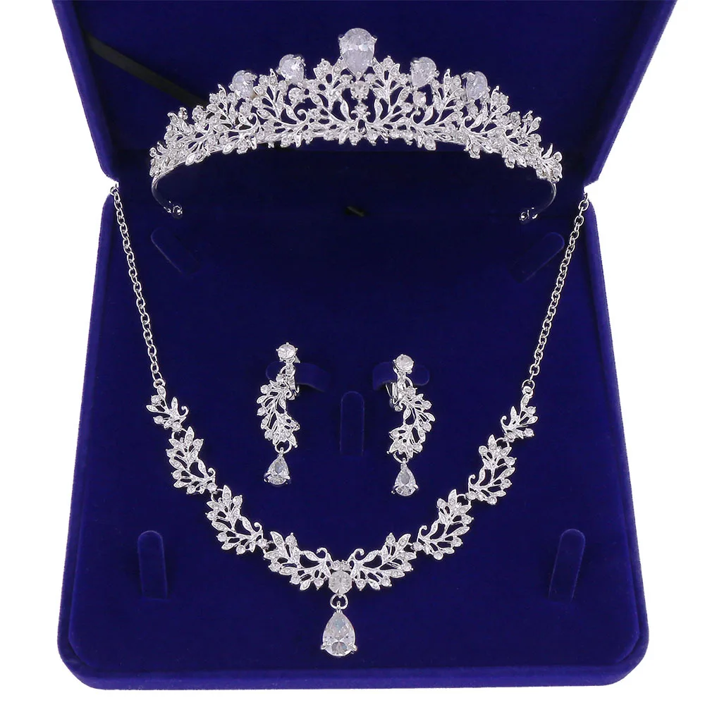 

Luxury Cubic Zircon Leaf Bridal Jewelry Sets Rhinestone Crown Tiaras Necklace Earrings Set for Bride African Beads Jewelry Sets