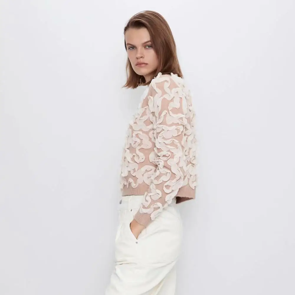 Женский вязаный свитер с круглым вырезом ZA Короткий Повседневный пуловер