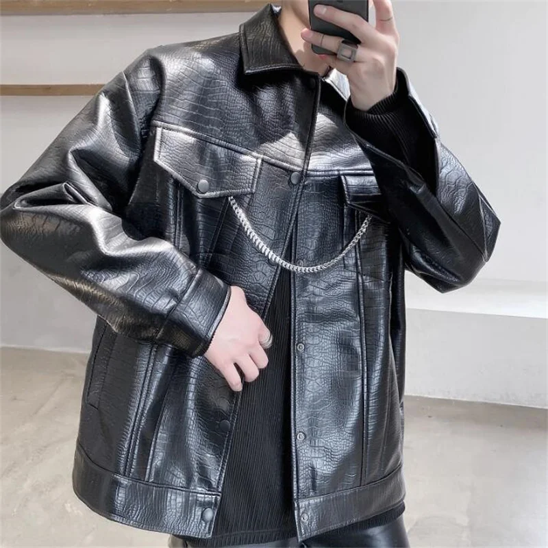 Crocodile pattern leather jacket men's short lapel double pocket youth metal chain rock motorcycle jaqueta de couro masculino