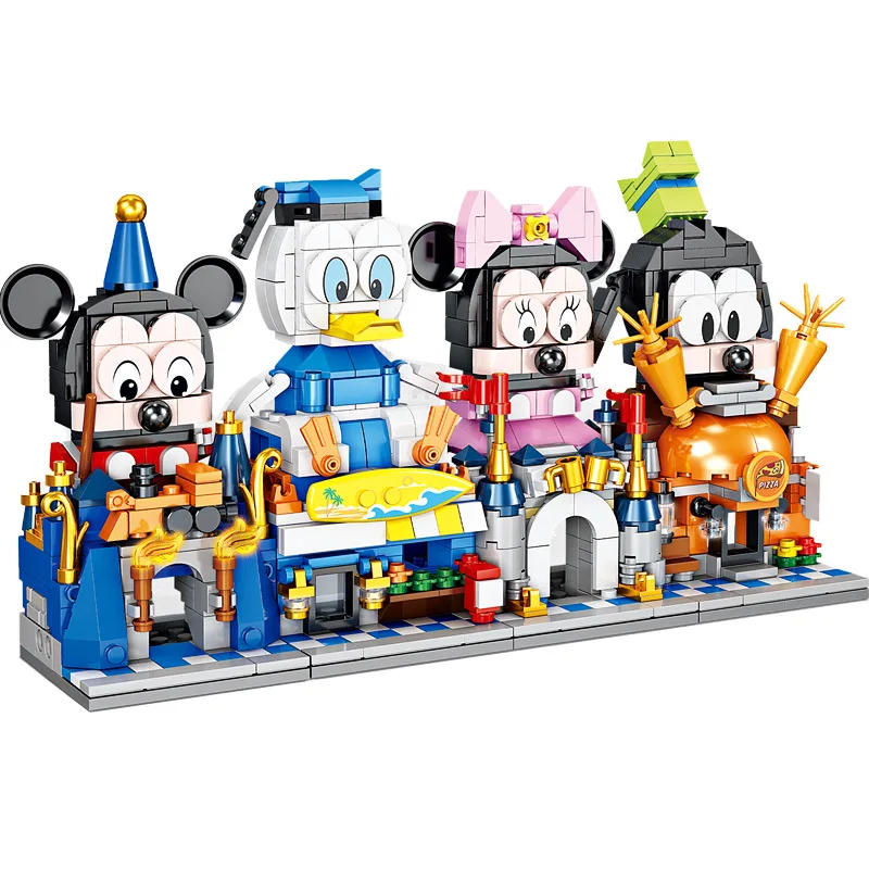 

2020 New Cute Mini City Cartoon Mickey Minnie Duck Shop Street View 2 in 1 Building Block Model Set Children's Toy Gift