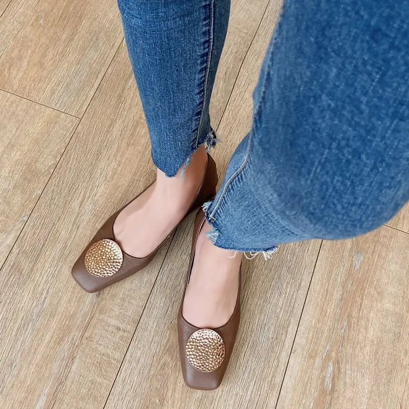 

ALLBITEFO metal Ornaments genuine leather thick heels office ladies shoes brand high heels women shoes women high heel shoes