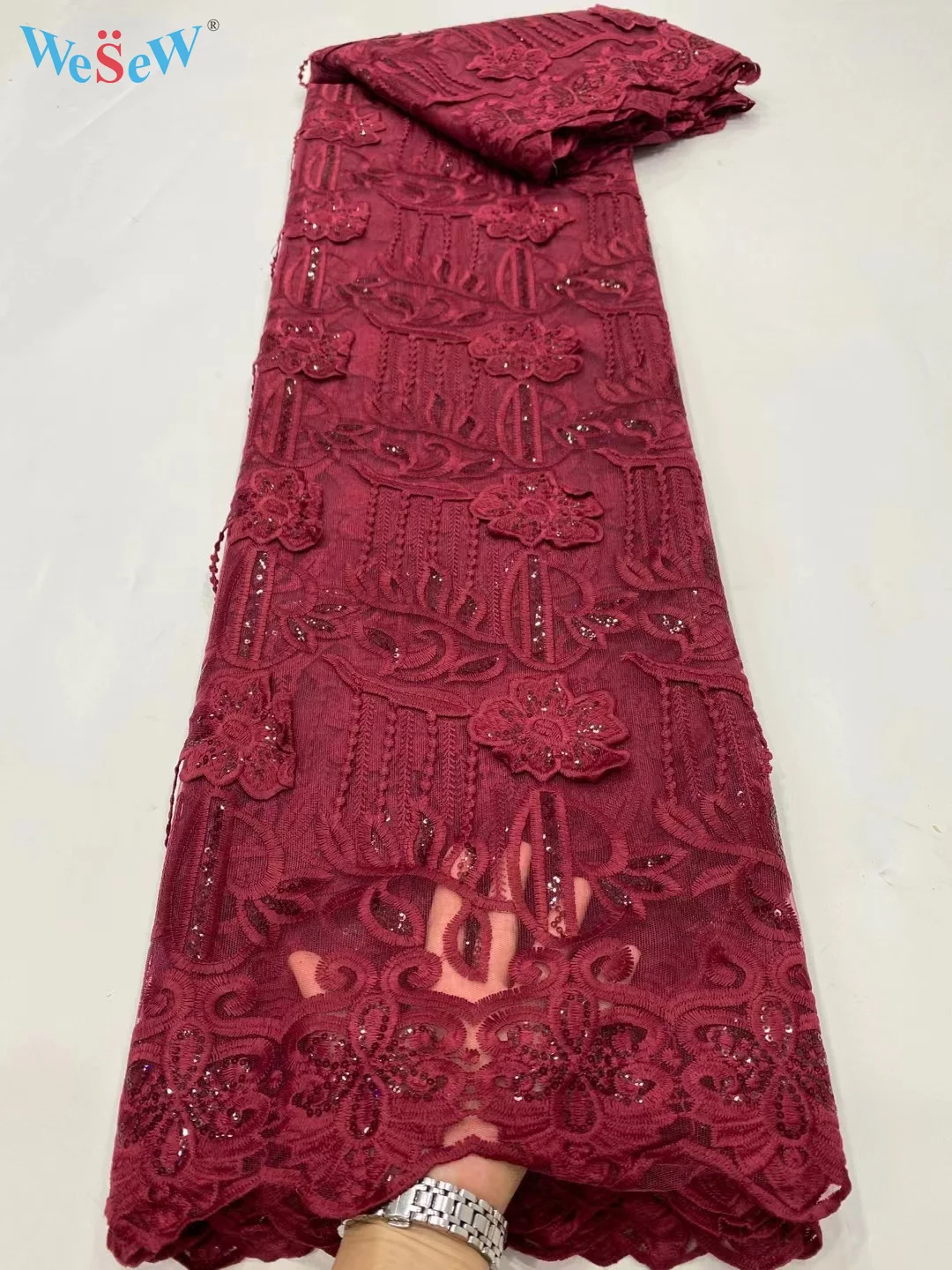 

Красная африканская Тюлевая кружевная ткань высокого качества для домашнего пошива платья Кружевная Ткань 5 ярдов Свадебная SDPN65