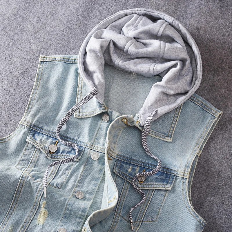 Модный мужской жилет в британском стиле ретро-светильник синий рваный джинсовый