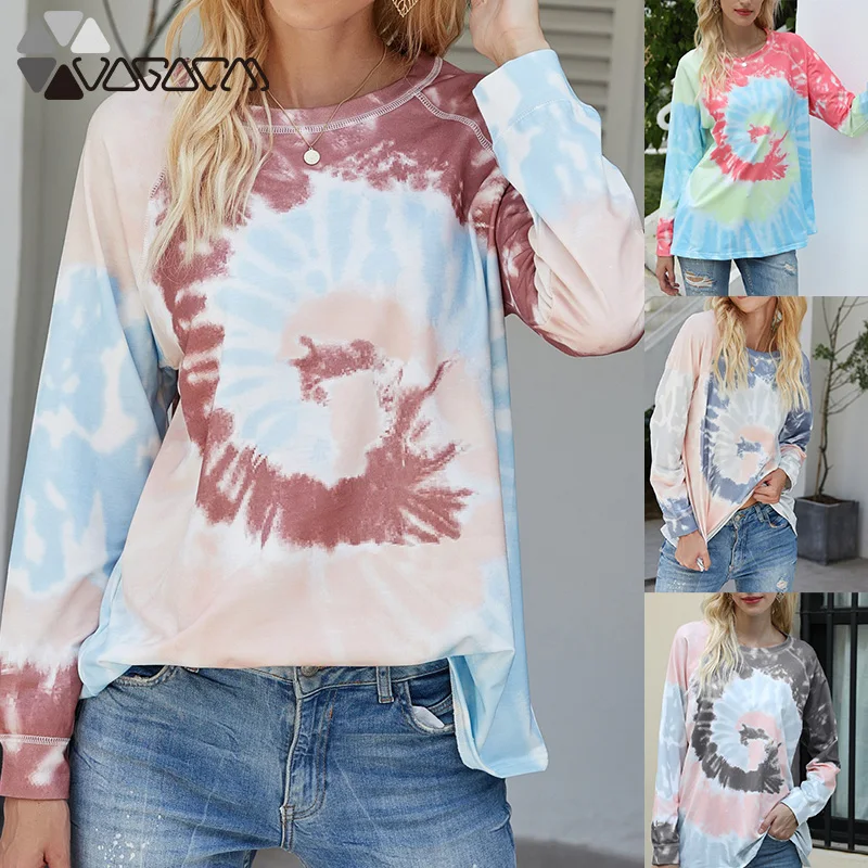 

Women Long Sleeve Tie-dye T-shirts Gradient Color Swirl Casual Loose Top Round Neck Pullover Tshirt Female Streetwear Tee Tops