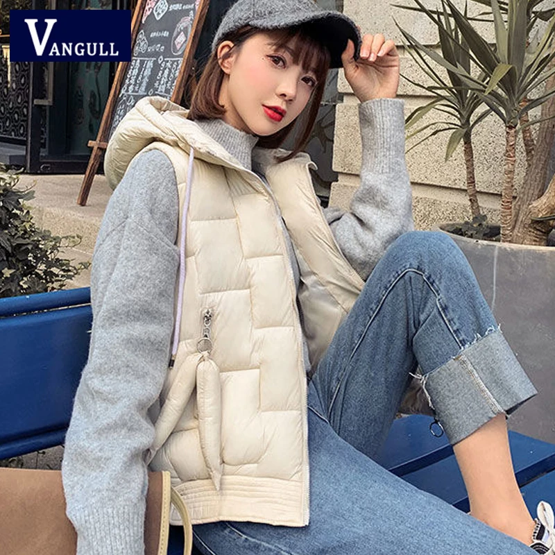 Beige Vangull женский жилет Зимняя верхняя одежда однотонные хлопковые Жилеты с капюшоном без рукавов осень теплый жилет на молнии Плюс Размер Свободный женский жилет - Цвет: Beige