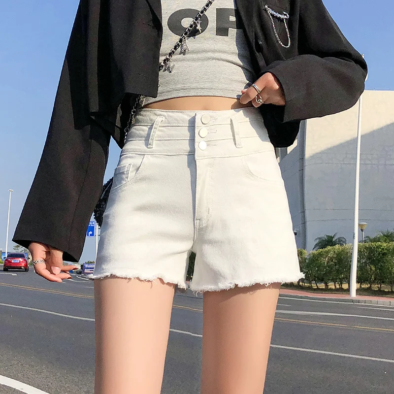 

Women Denim Shorts New Loose Breasted Pocket Pants Summer High Waist Fashion Casual Slim A-line Wide-leg Pants