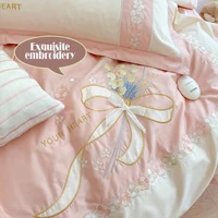 100 cotton pink blue embroidery bedding set fabric linens silky bed linen quilt set twin size bedding duvet cover king size