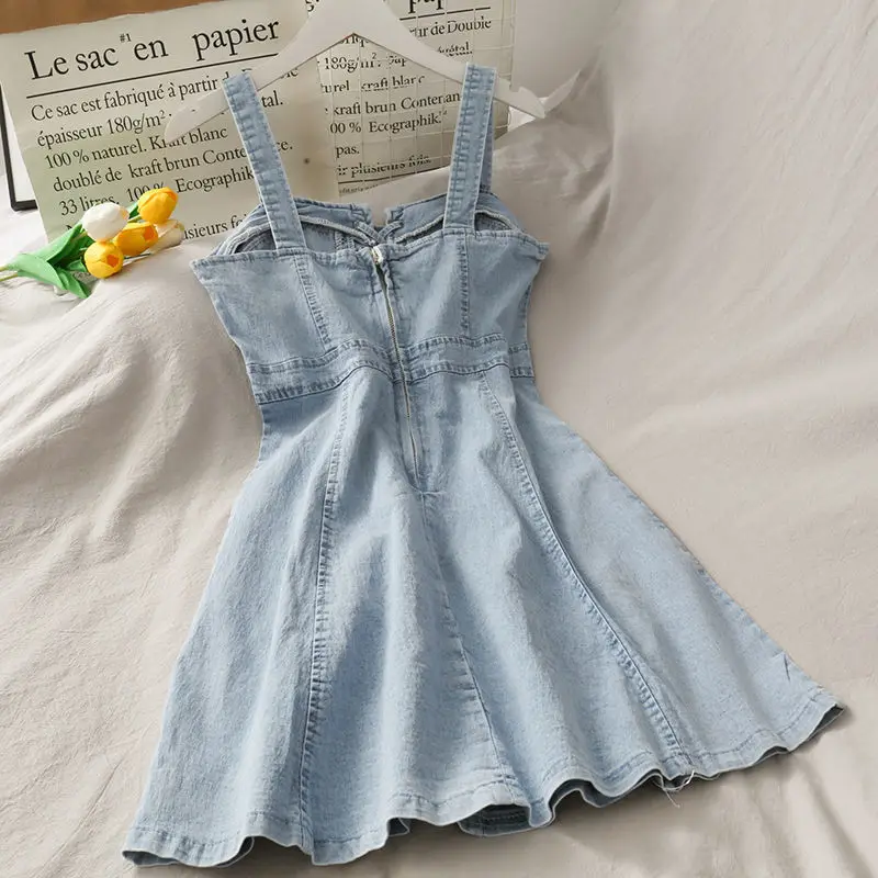 

QWEEK Summer Bandage Denim Dress 2021 Women Casual Sundress Sleeveless Wrap Tank Dress Korean Fashion Denim Dresses Women
