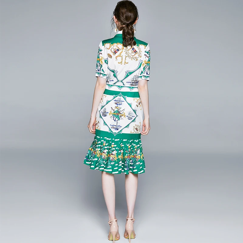 

- the new Europe and the United States positioning printing short sleeve lapel shirt package hip pleated skirt skirt [film]