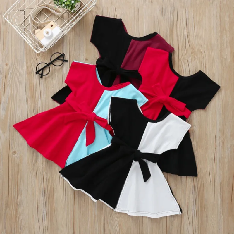 

Baby Kids Girl Dress Summer Cute Casual Dresses Stitching Bow Print Sleeveless Princess Dress 1-6 Years