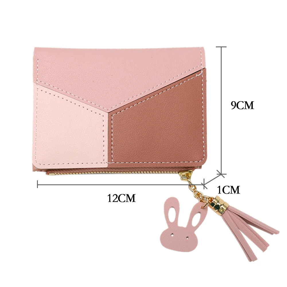 

Fashion Women Contrast Color PU Leather Mini Wallet Casual Ladies Tassel Short Zipper Coin Purse with Rabbit Pendant