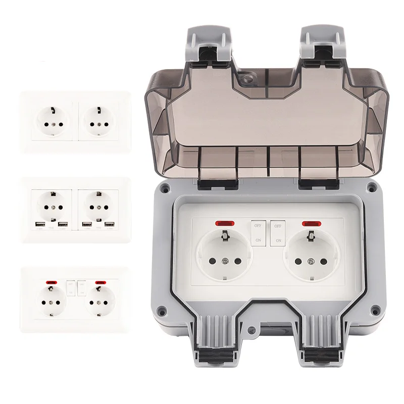 

IP66 EU Germany Standard Weatherproof Waterproof Outdoor Wall Power Double Socket With USB&Light 16A Plug Outlet Grounded 250V