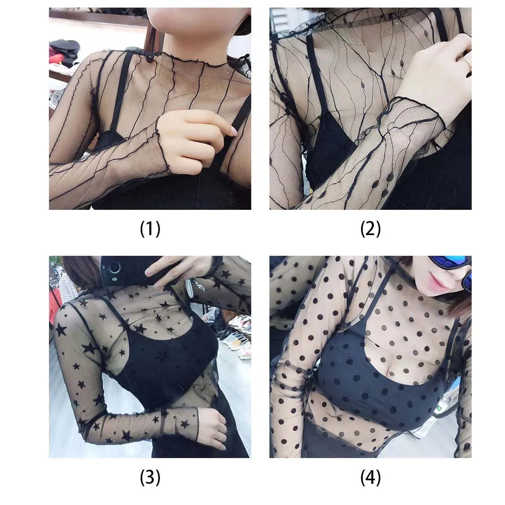 

Summer New Women Top Shirt Mesh Perspective Lace Sexy Party Club Blouses Long Sleeve Solid Black Shirts