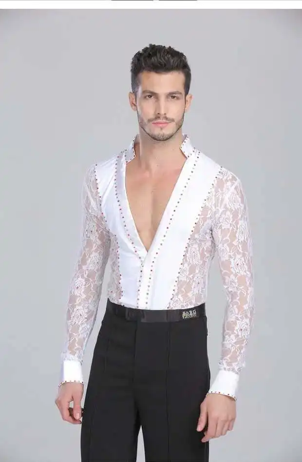 Фото black white lace Men boy ballroom Latin body shirt V neck long sleeve rhinestone Тематическая одежда и униформа black white lace Men boy ballroom Latin body shirt V neck long sleeve rhinestone Тематическая одежда и униформа