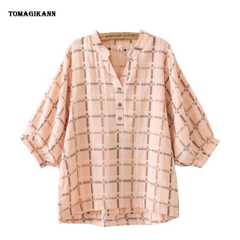 

Women Plaid Blouses 2020 Spring Summer Vintage Plus Size V Neck Half Sleeve Pullover Shirt Blouse