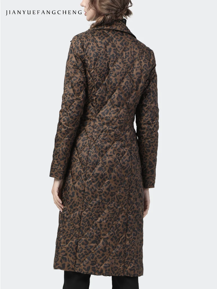 Модный Леопардовый принт женский длинный пуховик для зимы теплый слегка белый