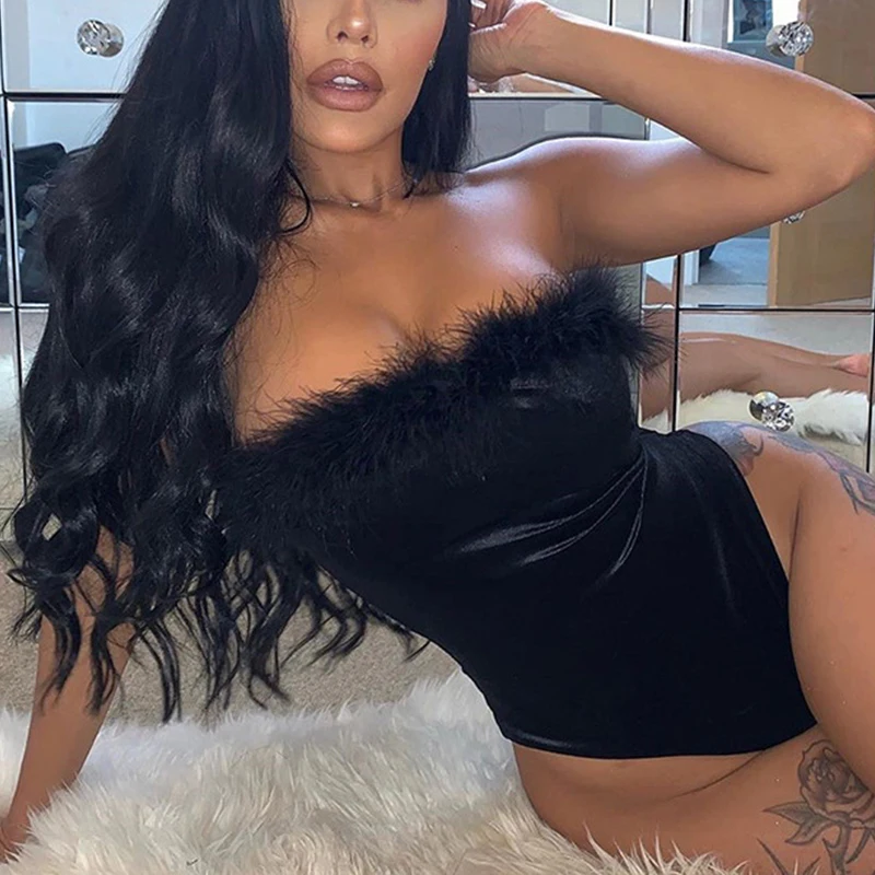 Женский комбинезон с открытыми плечами OMSJ вечерние комбинезоны меховыми перьями