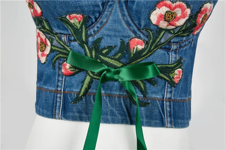 

Embroidery Denim Flower Ties Push Up Bustier Women's Bralette Cropped Top denim Vest Plus Size