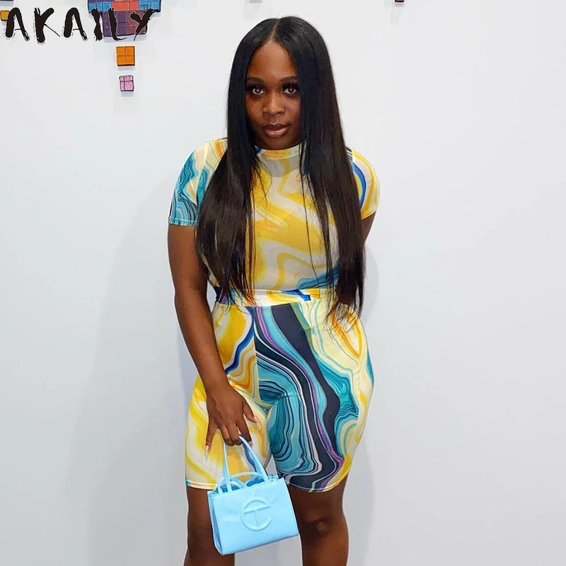 

Akaily 2021 Streetwear Tie Dye Print 2 Two Piece Sets Women Summer Mesh Short Sleeve Crop Top Slim High Waist Shorts Sets Female