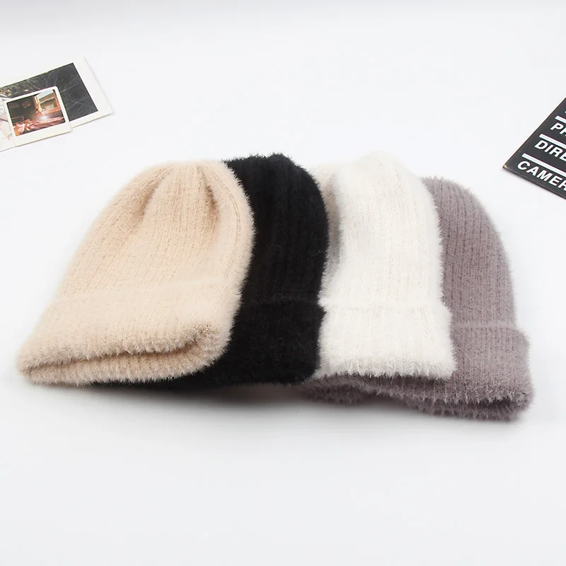 

New Winter Girls Brush Wool Rabbit fur Knitted Hat Lady Casual Cotton Baggy Beanie Adult Cap Skullies Gorros