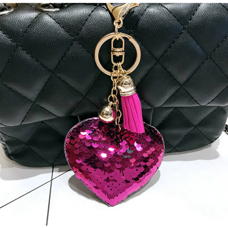 

European And American Shiny Peach Heart Keychain Pendant Bag Pendant Colorful Sequin Love Keychain Men And Women Jewelry
