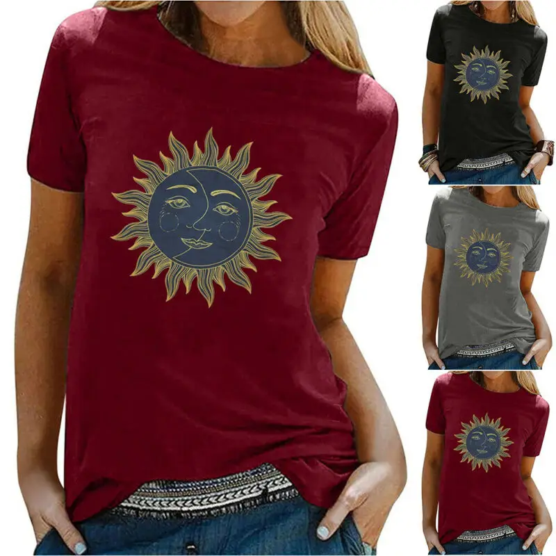 

Новая женская летняя футболка с коротким рукавом и принтом солнца, Повседневные базовые Топы, блузка