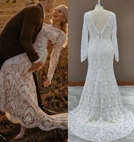 10165 2 pieces long sleeves lace rustic wedding dress backless vintage beach barn ranch plus size custom made 2021 mermaid