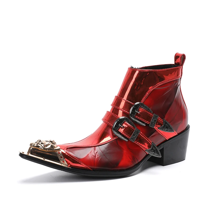 Erkek kırmızı rugan batı çizmeler kalın yüksek topuk kışlık botlar erkekler için altın Metal ayak sahne ayakkabı İngiliz tarzı toka ayakkabı