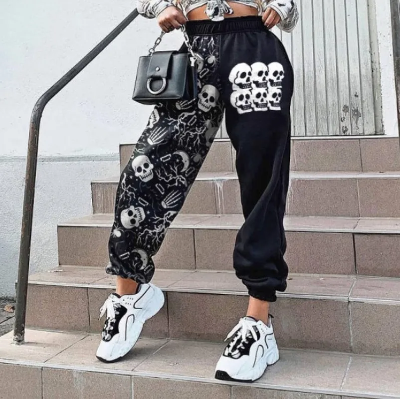 С принтом черепа Хэллоуин джоггеры женские штаны размера плюс 3XL повседневные