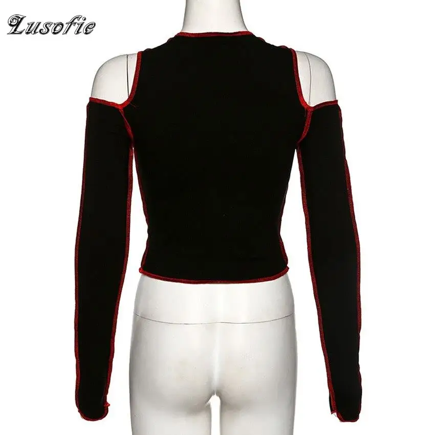 

Lusofie Black Sexy Off Shoulder Top long Sleeve Short Round Neck T-shirt Autumn Solid Slim Casual Tops Party Club Streetwear Tee