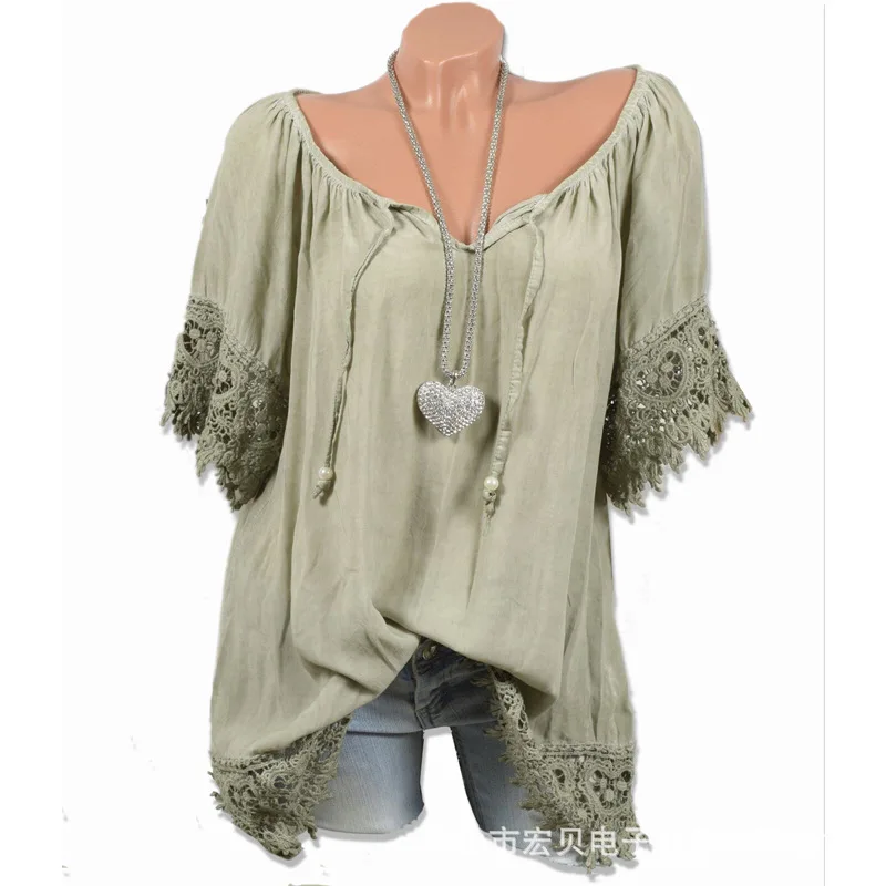 

Plus size women blouse 2020 lace lace stitching casual shirt