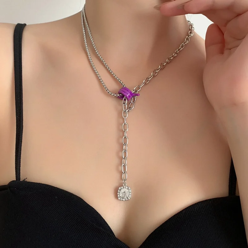

Fashion New Design Drip Oil Knotted Button Metal Chain Choker For Women Girls Sqaure Crystal Pendant Necklace Jewelry Gifts