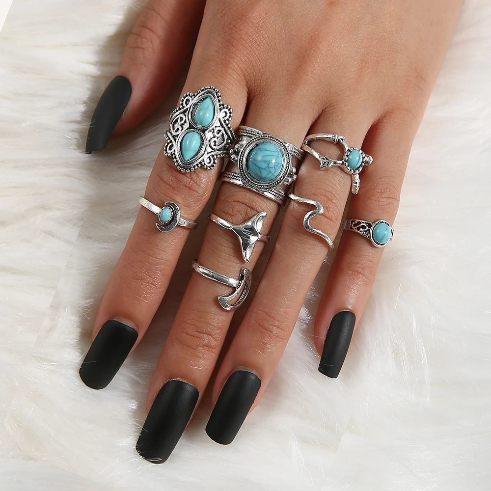 

8 Pcs/Set Simple Design Rings With Green Stone For Women Mermaid Tail Geometry Knuckle Ring Set Female Jewelry Gifts 2020