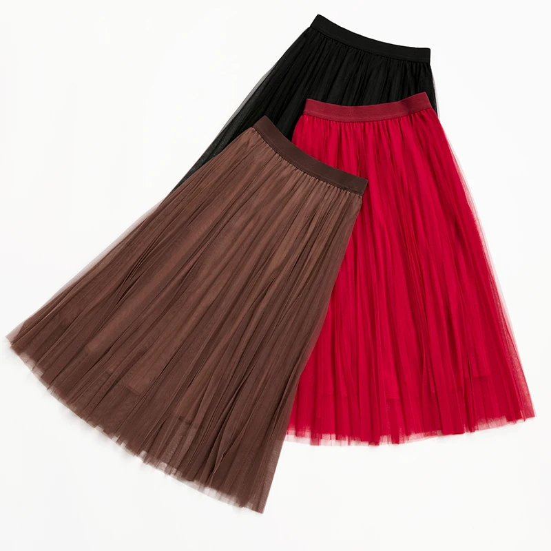 Женская длинная фатиновая юбка черная плиссированная юбка-пачка из эластичной