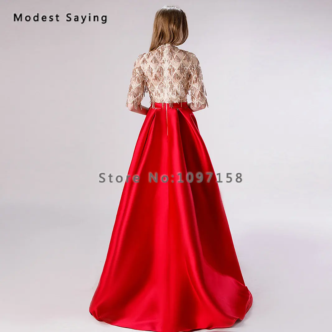 Elegant Wine Red A-Line High Neck Sequined Tassel Evening Dresses 2019 Formal Half Sleeves Lace Party Prom Gowns robe de soiree | Свадьбы и