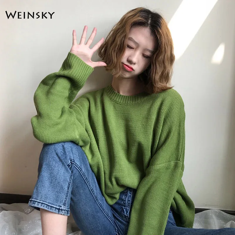 Свитер Женский вязаный однотонный с круглым вырезом Осень-зима 2019 | Женская