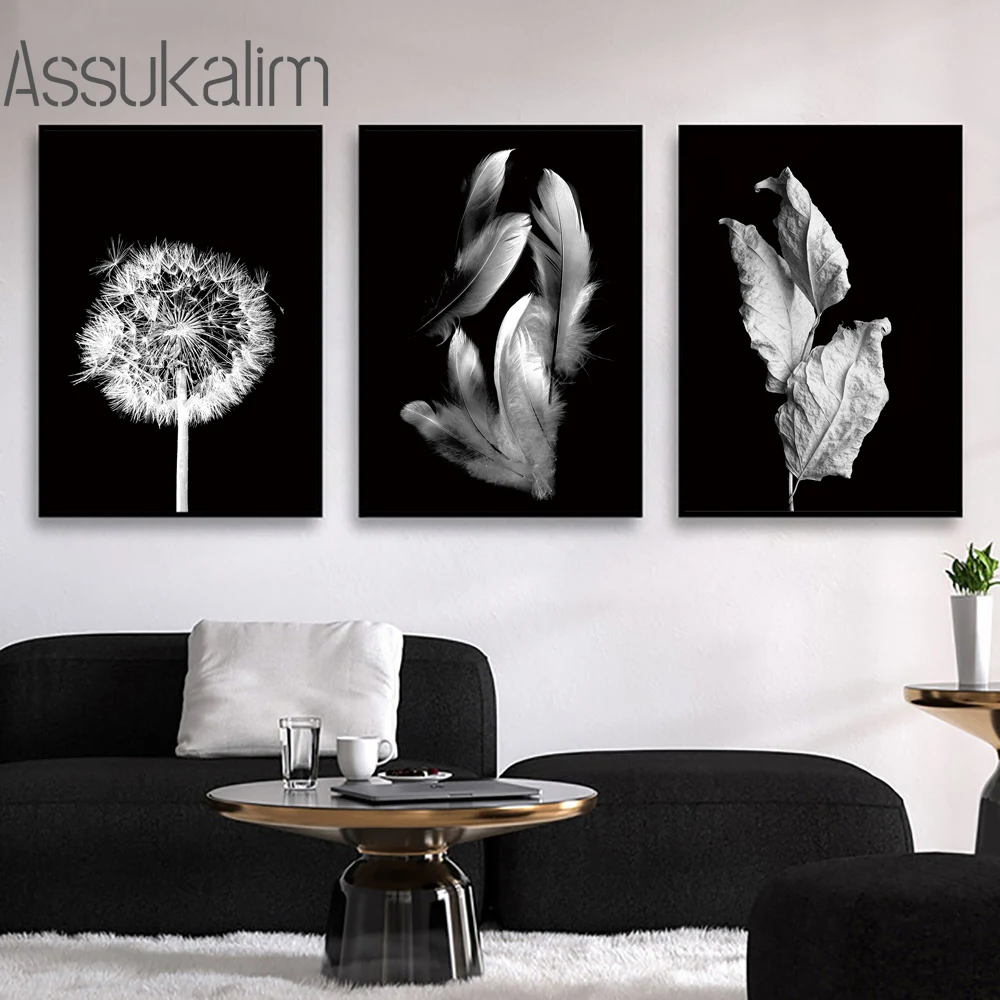 

Leaves Posters Feather Wall Art Canvas Painting Black And White Poster Dandelion Art Prints Wall Pictures For Living Room Decor