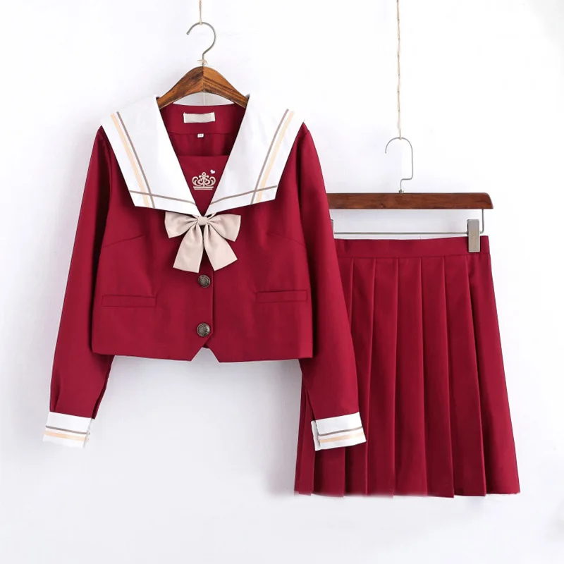 

2021 New Red JK uniform Autumn Summer Short/long Sleeve Japanese School Uniforms For Girls Sailor Pleated Skirt JK Sets Uniform