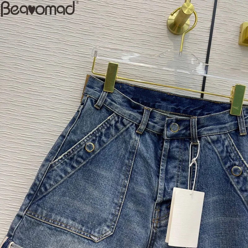 Bearomad 2021 Fashion Woman Blue Slim Denim Shorts High Waist Pockets Button Moderate Washing Bottoms Women's Shorts