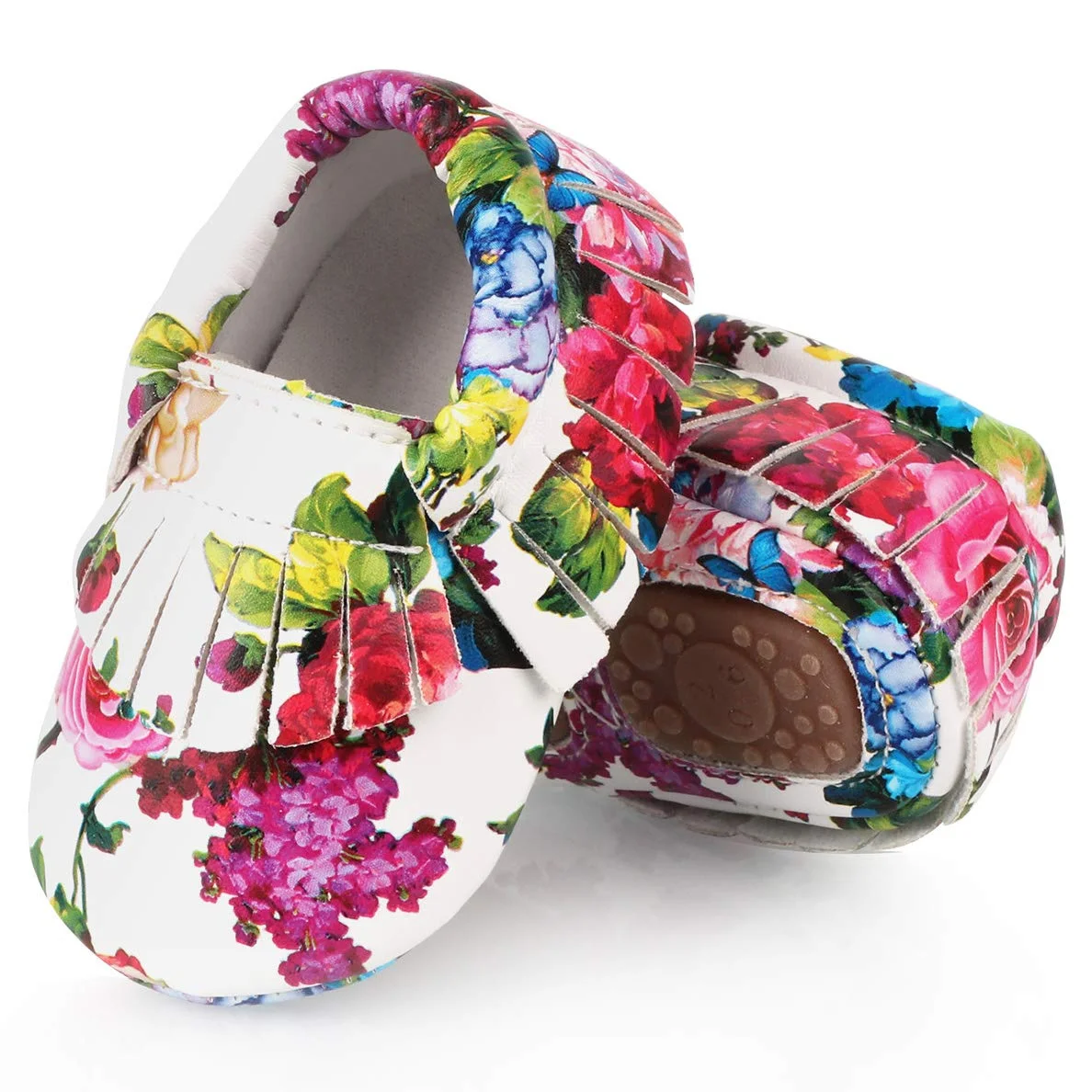 Туфли с бахромой для маленьких девочек Мягкие Мокасины цветочным принтом