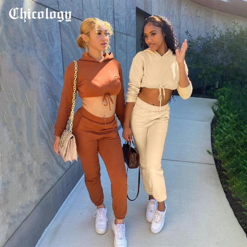 

Chicology 2021 Autumn Solid Women Long Sleeve Bandage Drawstring Crop Top Legging Y2K Streetwear Outfit Fashion 2 Piece Set
