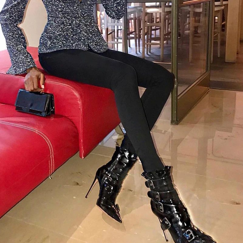 

Punk Ridding Boots Black Shinny Leather Buckle Strap Pointed Toe High Heel Ankle Boots High Heel Banquet Dress Shoes