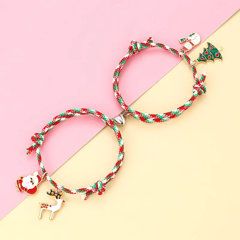 

2pcs/set Couple Magnet Bracelet with Christmas Santa Claus 2022 Attraction Rope Couple Pendant Bracelet Bangles Lovers Jewelry