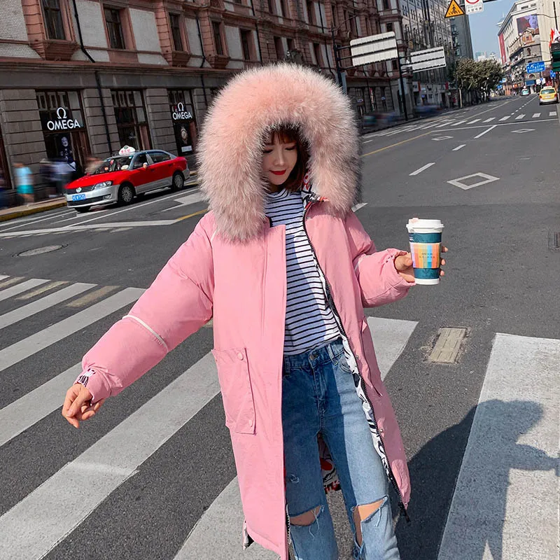 QIHUANG Двусторонняя одежда женское зимнее пальто с капюшоном и меховым воротником
