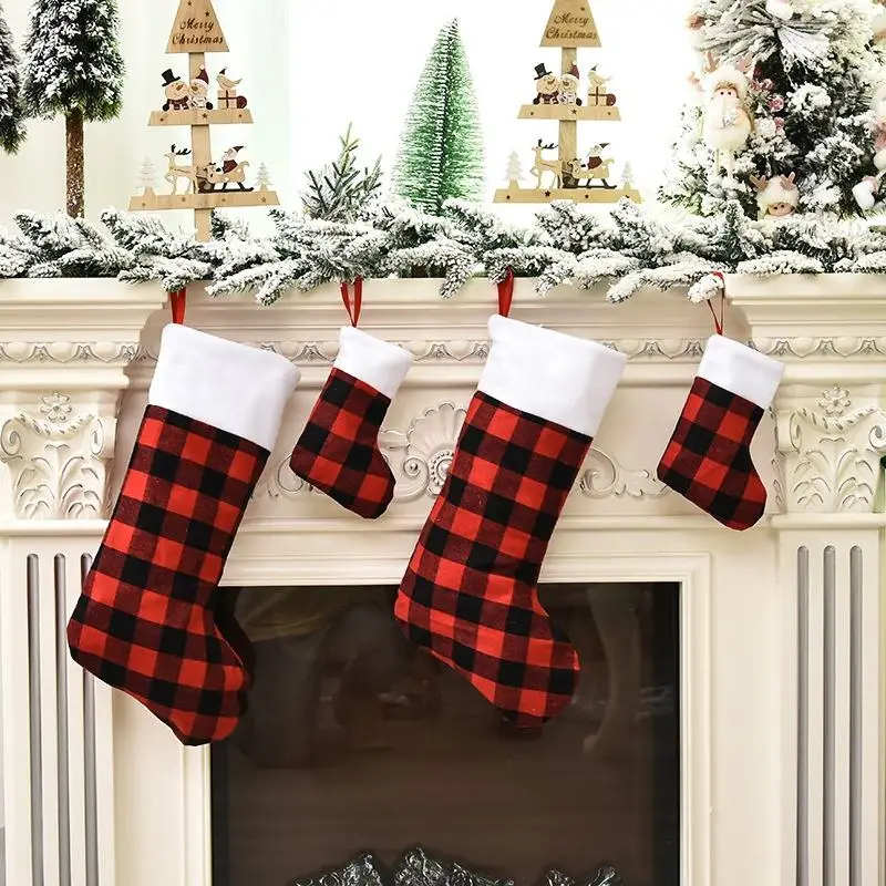 

led lights car accessories led Black Red Plaid Christmas Stocking with White Faux Fur Cuff Buffalo Check Socks for Holid
